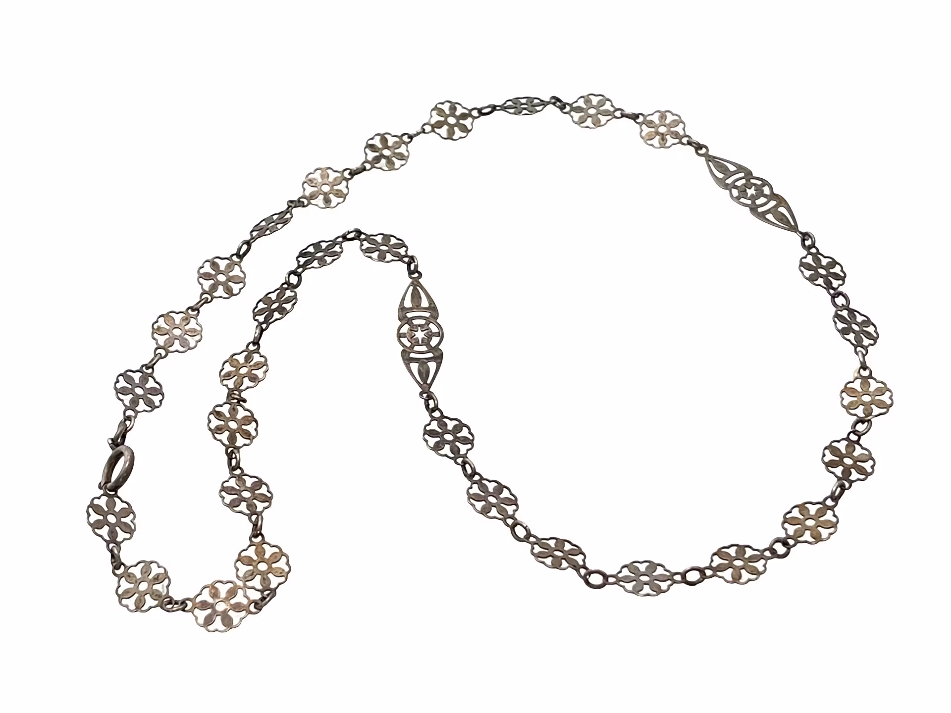 Antyczny srebrny naszyjnik, okrągłe ogniwa w ażurowym wzorze kwiatowym