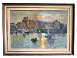 Oidentifierad konstnär, Oljemålning, Istanbul Hagia Sofia Bosporen, Signerad