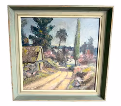 Astrid Hede (1917–2002), Ölgemälde Landschaft mit Hütte und Straße
