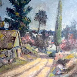 Astrid Hede (1917–2002), Ölgemälde Landschaft mit Hütte und Straße