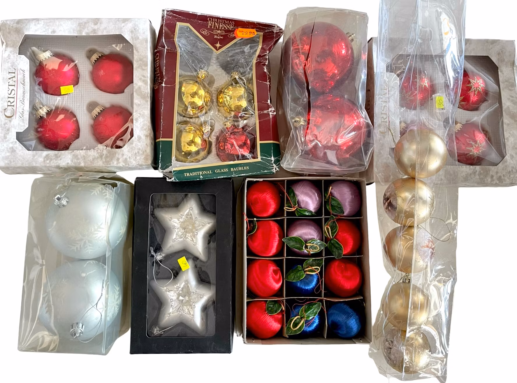 Duże pudełko ozdób świątecznych – bombki jedwabne, bombki choinkowe, świeczniki itp.