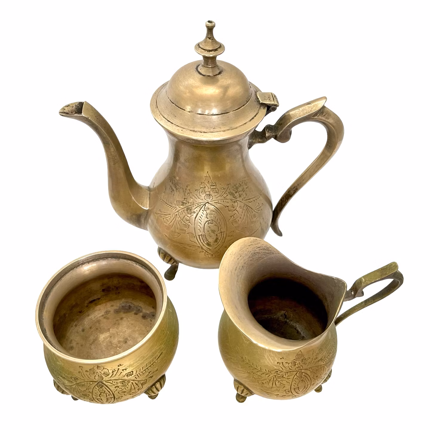 Kaffeservis i silverpläterad mässing, 3 delar – handgraverad dekor