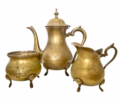 Kaffeservis i silverpläterad mässing, 3 delar – handgraverad dekor