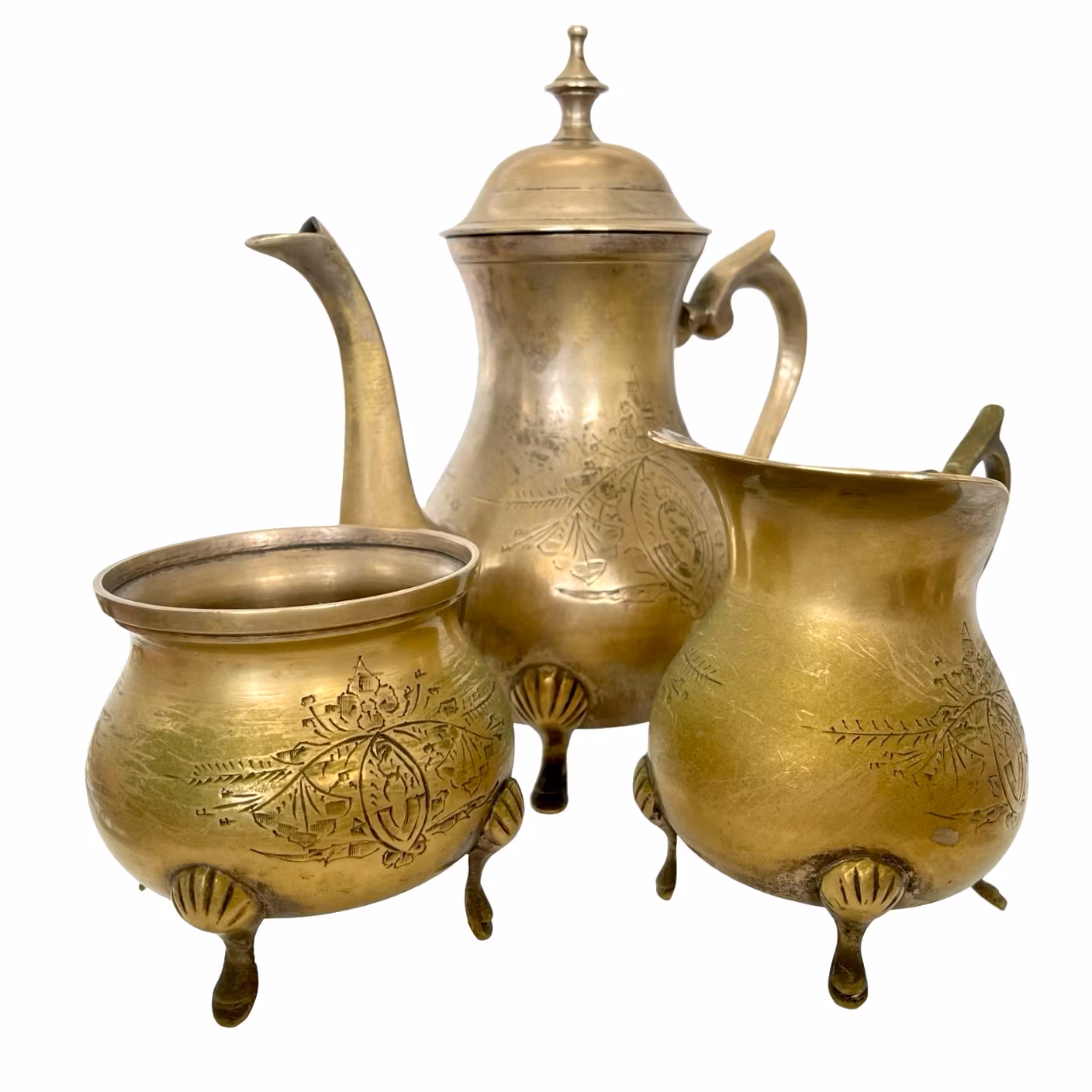 Kaffeservis i silverpläterad mässing, 3 delar – handgraverad dekor