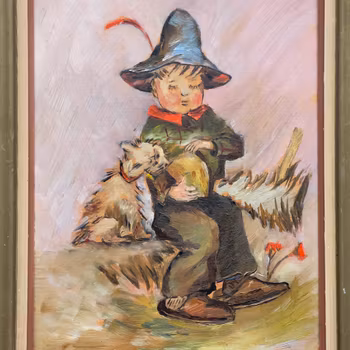 Oljemålning – Pojke med hund, signerad S.D.