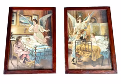 2 st kromolitografier Skyddsängel vid barnsäng – ca 1890, Originalramar