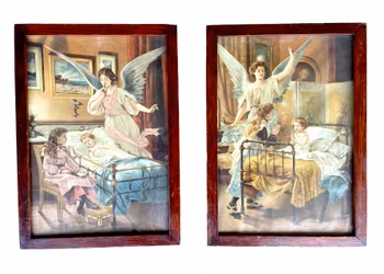 2 st kromolitografier Skyddsängel vid barnsäng – ca 1890, Originalramar