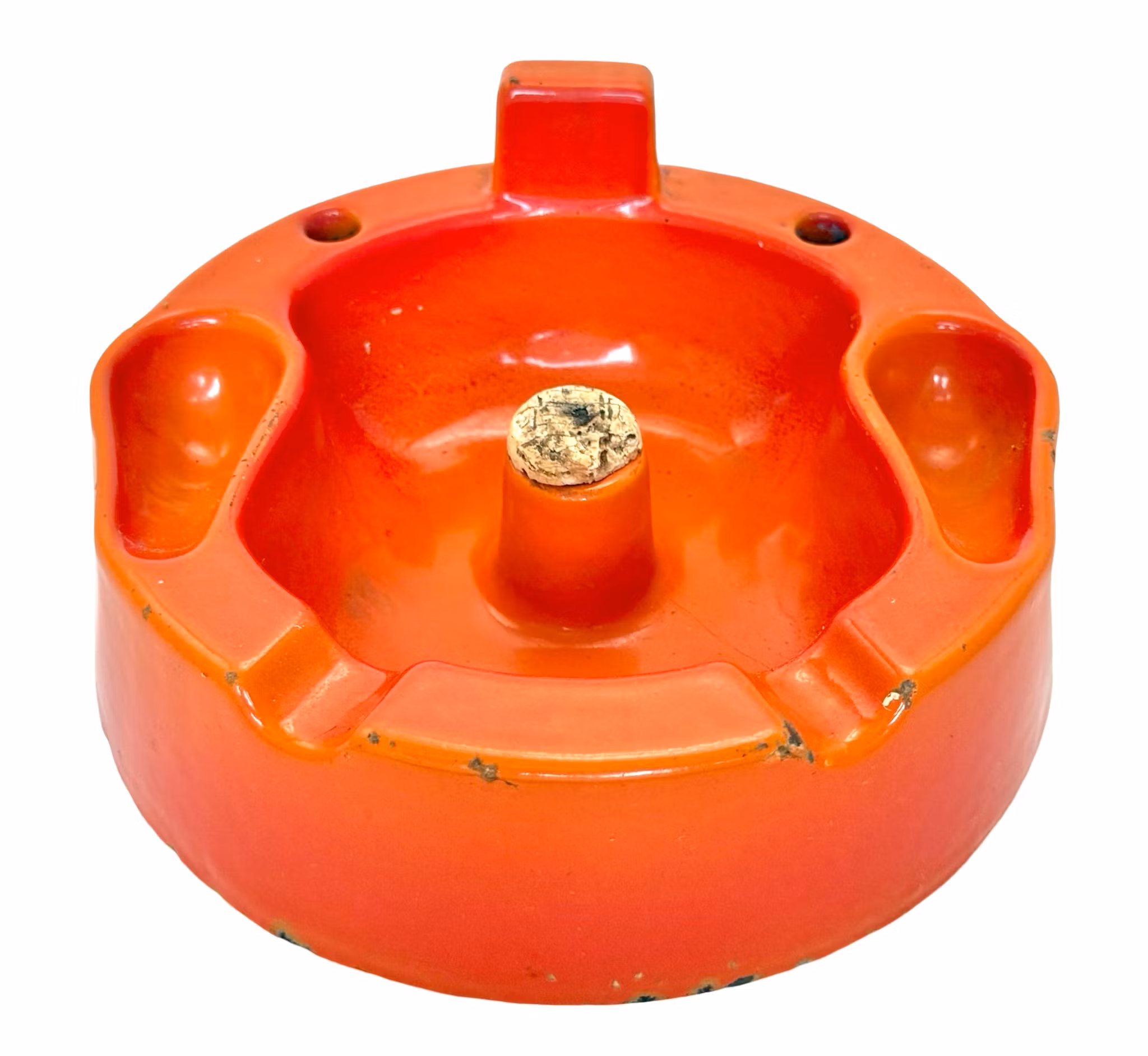 Schwerer Vintage-Aschenbecher aus orangefarbener Keramik mit Korkdeckel - für Zigarre und Pfeife