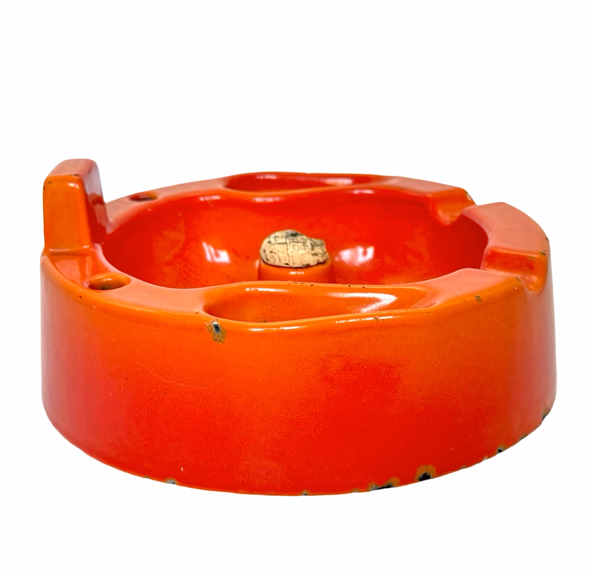 Schwerer Vintage-Aschenbecher aus orangefarbener Keramik mit Korkdeckel - für Zigarre und Pfeife