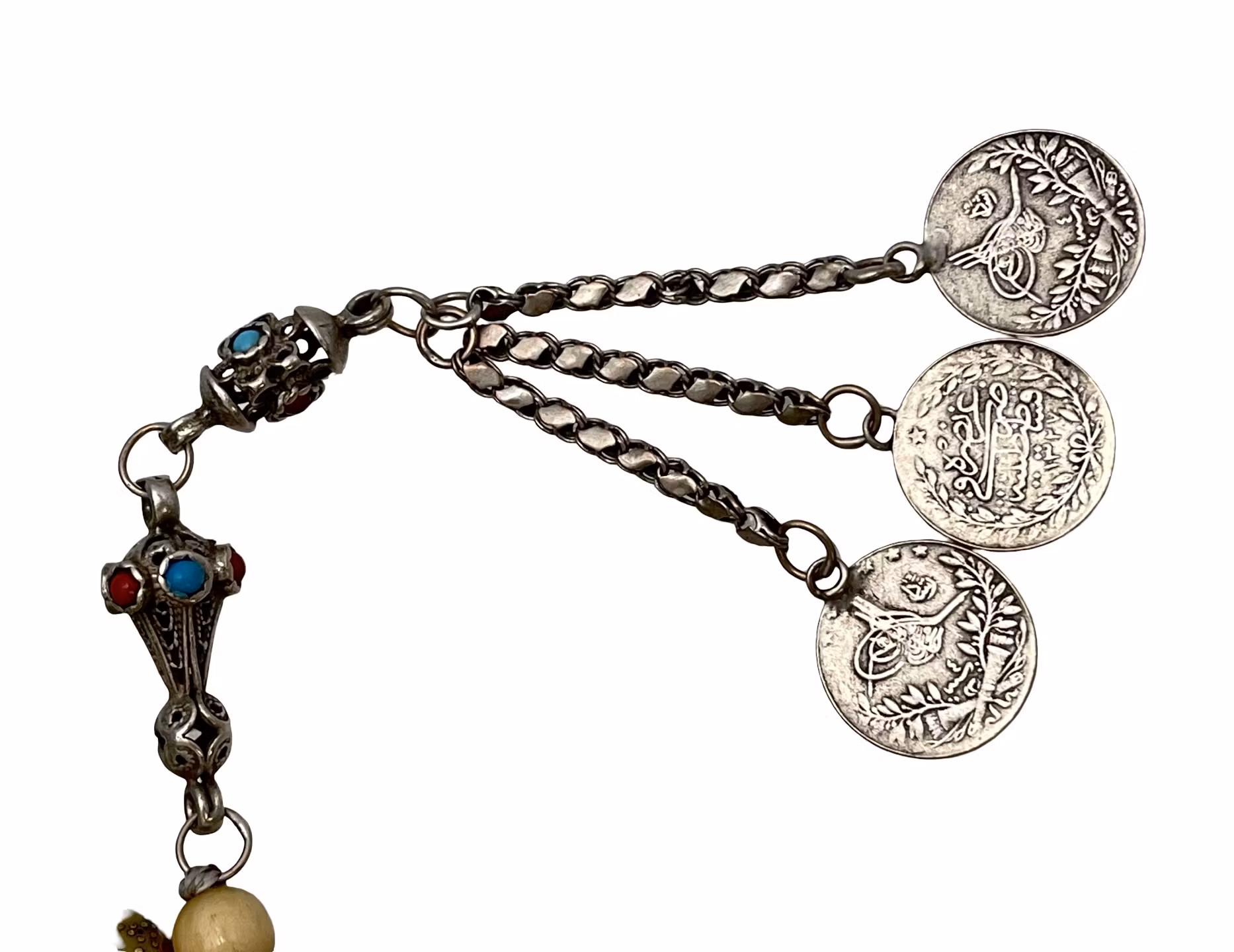 Antikt Osmanskt radband / tespih i ben med silverdetaljer