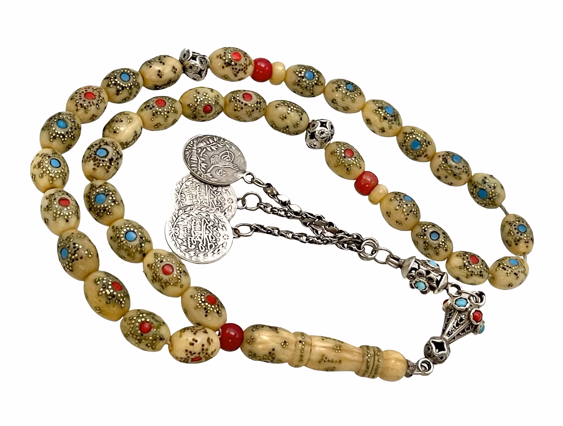 Antikt Osmanskt radband / tespih i ben med silverdetaljer