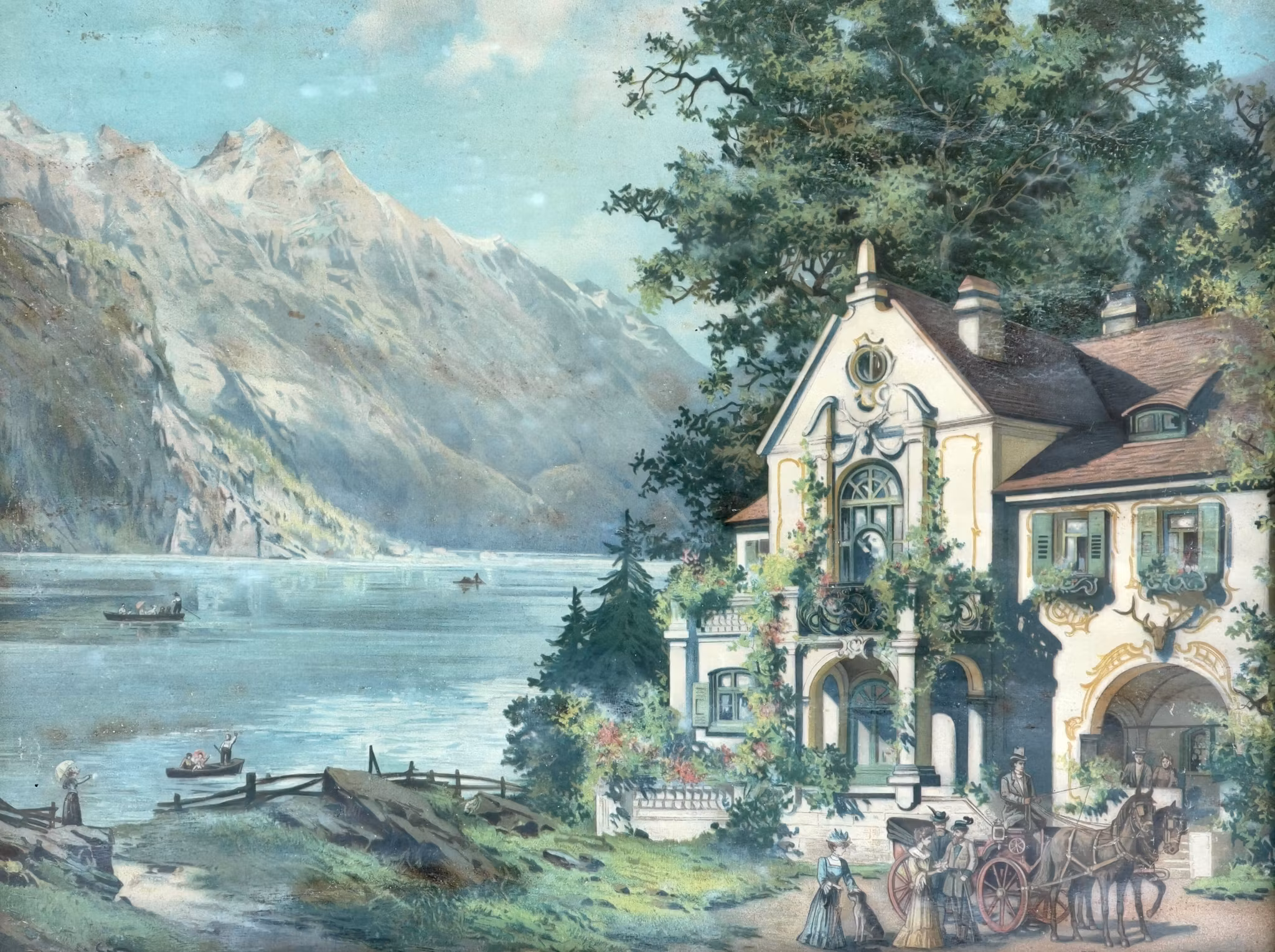 Theodor Guggenberger - „Königssee with Watzmann” Oryginalna chromolitografia około 1890 roku