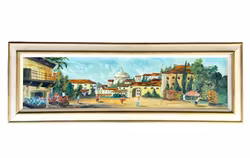 Stig Evert – Italialainen kaupunkinäkymä ihmisillä ja kukilla, öljymaalaus kankaalle – signeerattu