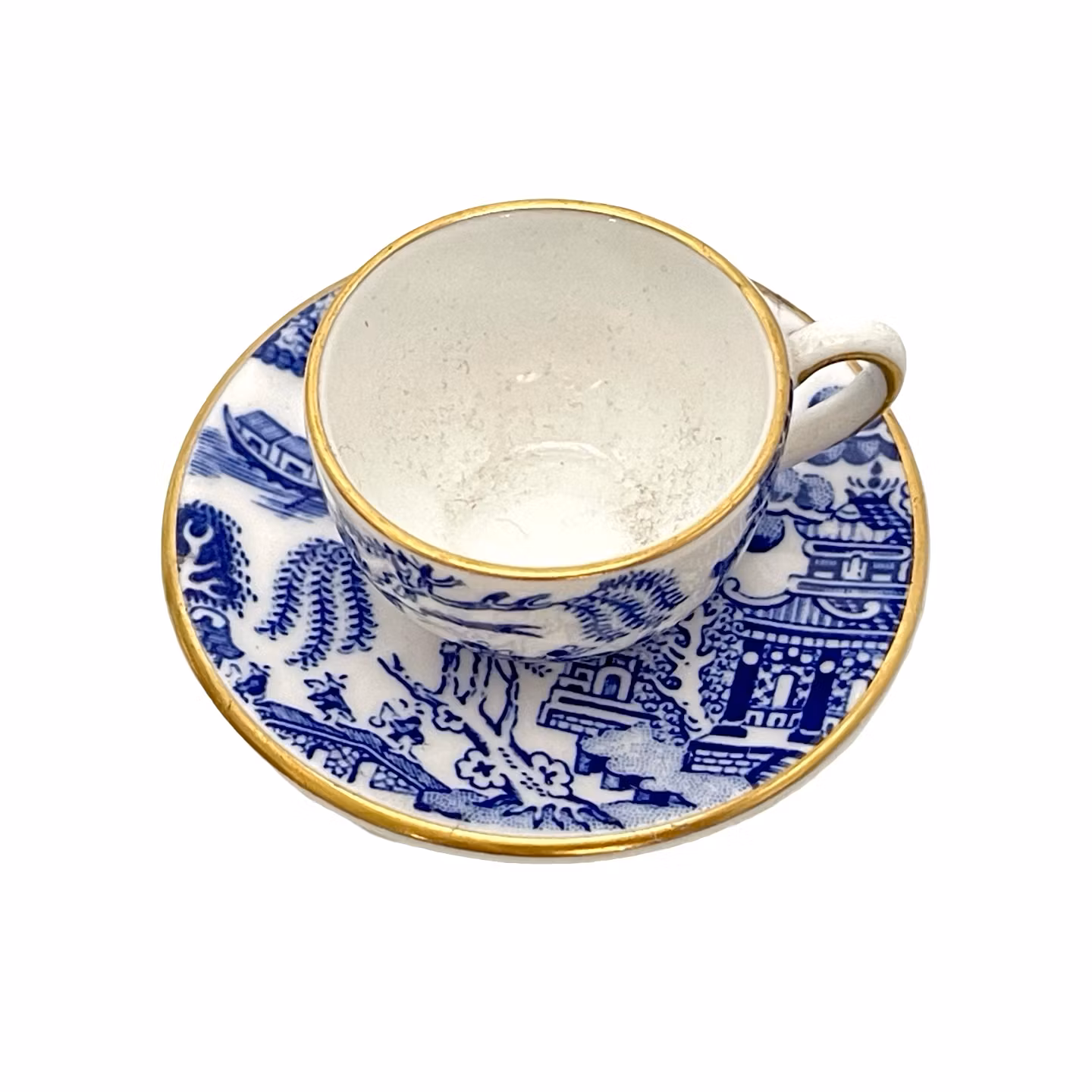 Coalportin miniatyyri sininen paju teekuppi, lautanen - Luuposliini