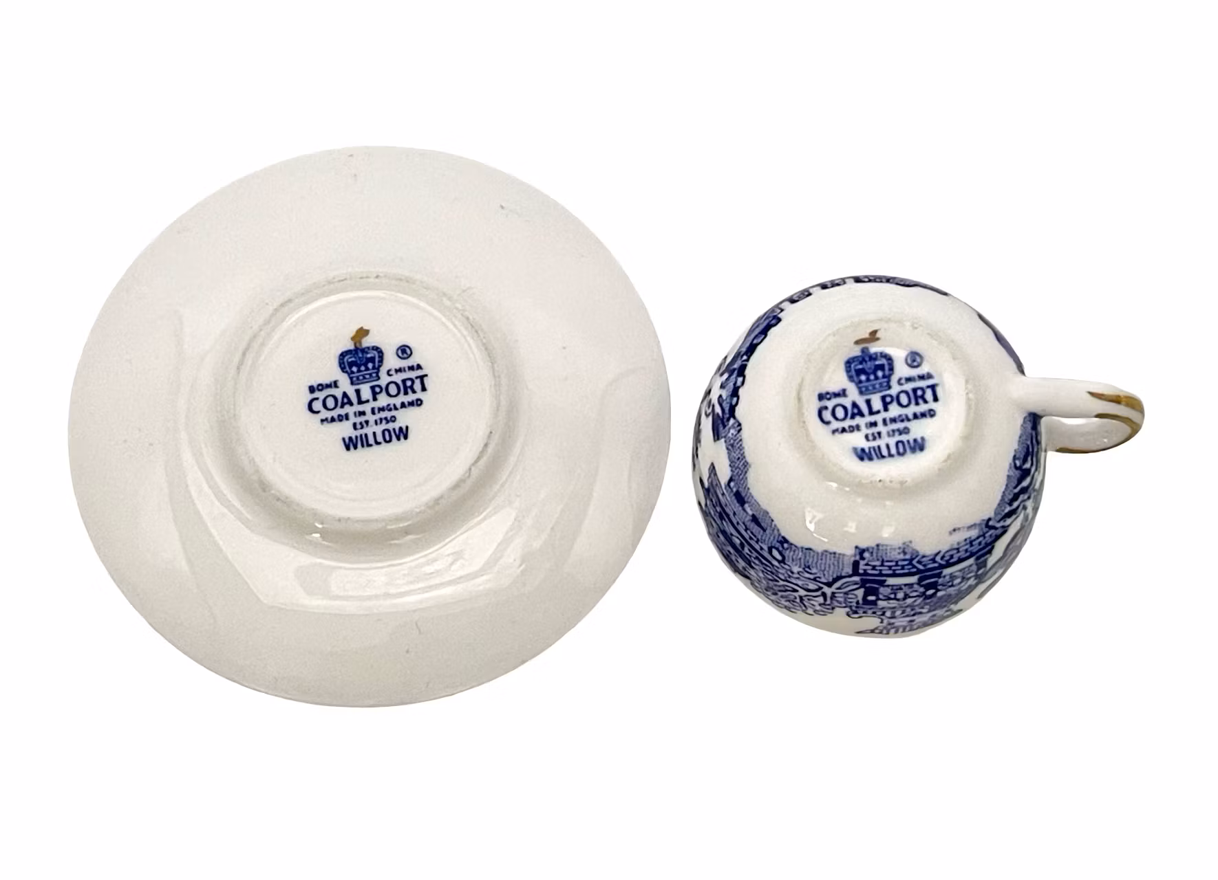 Coalportin miniatyyri sininen paju teekuppi, lautanen - Luuposliini