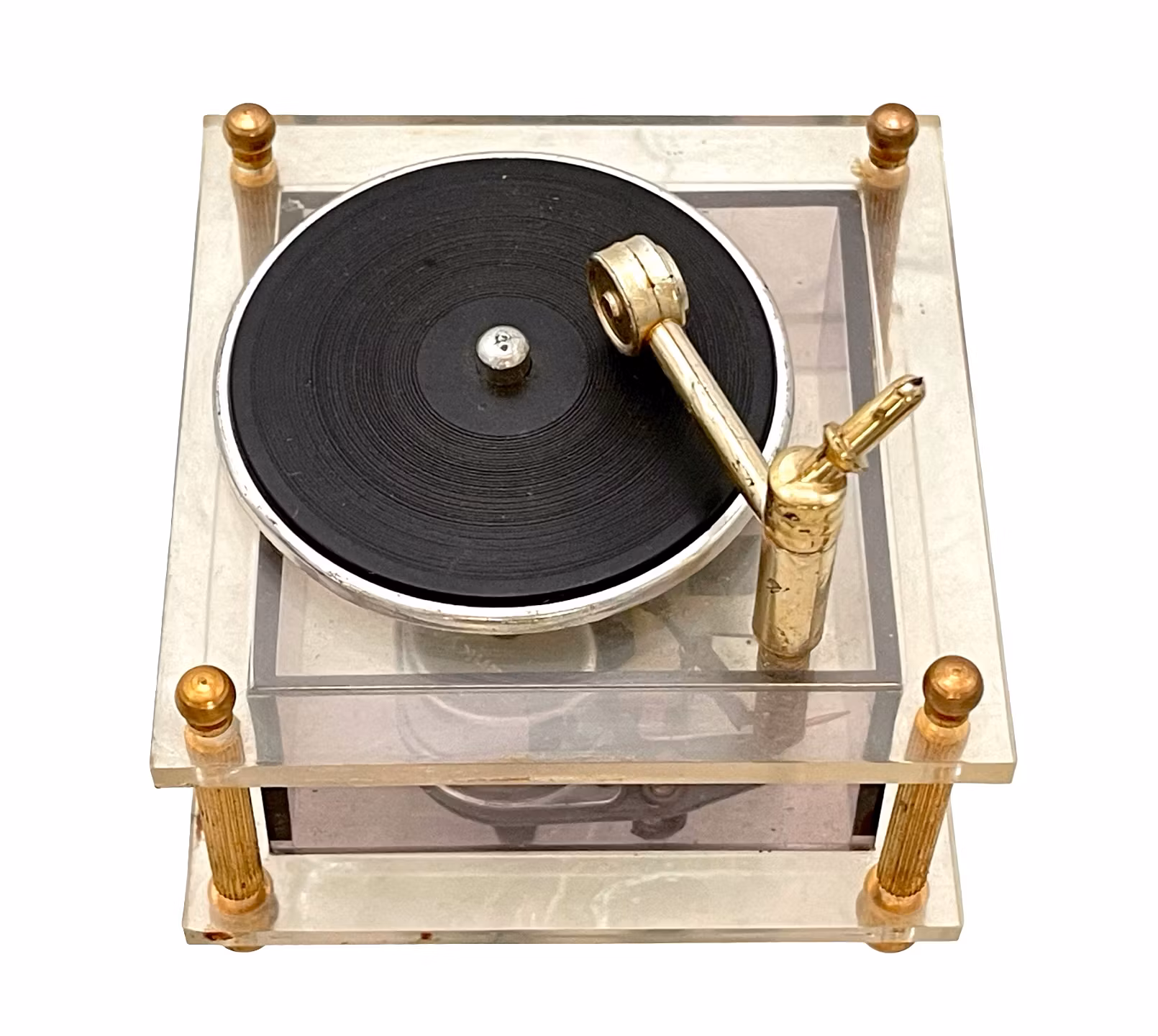 Vintage Speldosa – Miniatyr Grammofon i Plexiglas och Mässing, Fidelent, Japan