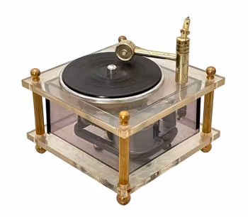 Vintage Speldosa – Miniatyr Grammofon i Plexiglas och Mässing, Fidelent, Japan