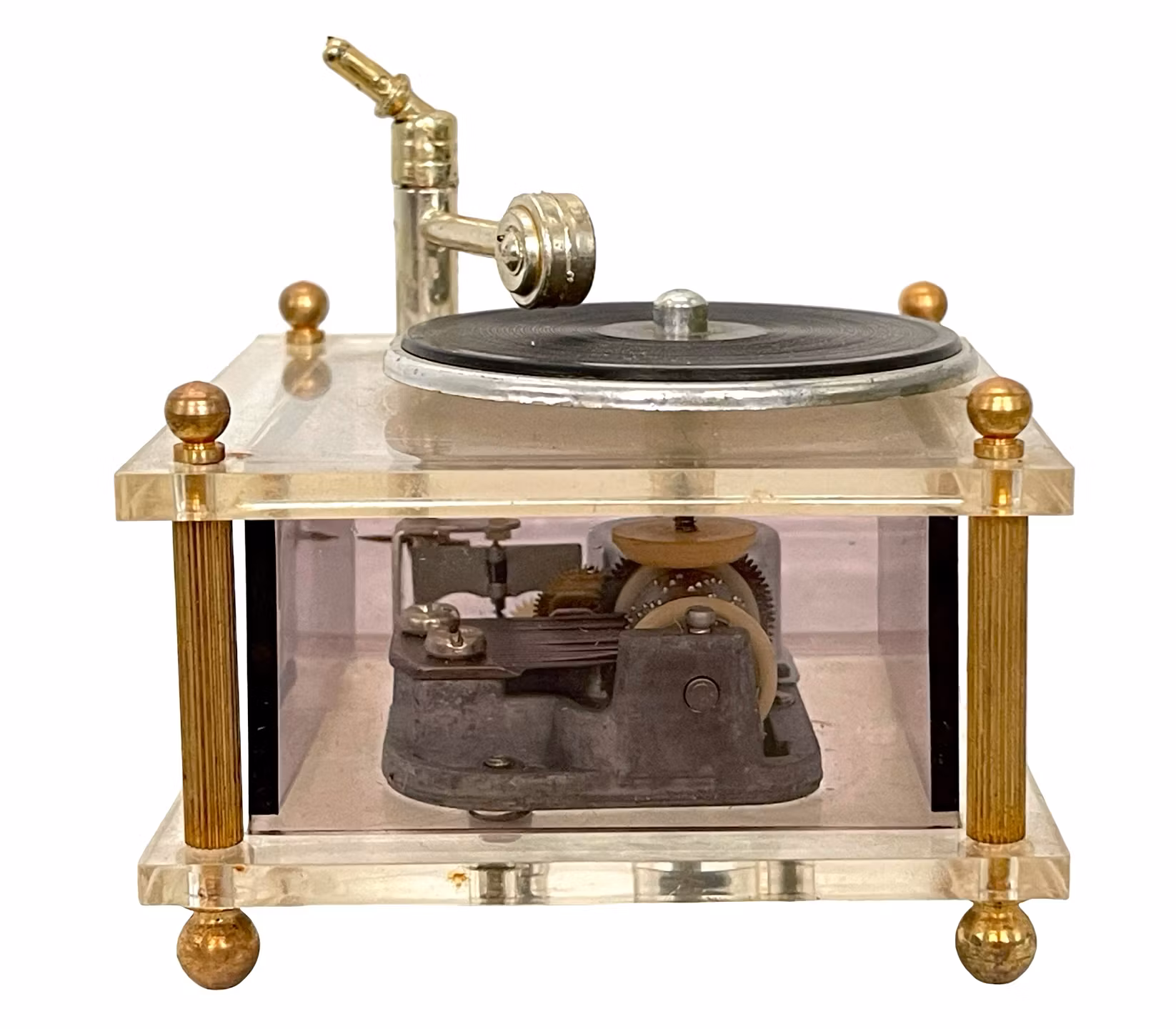 Vintage Speldosa – Miniatyr Grammofon i Plexiglas och Mässing, Fidelent, Japan