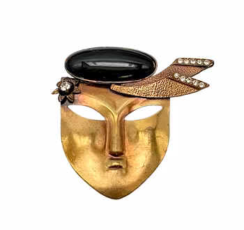 Vintage maskbrosch - Metall med svart onyx och strasstenar