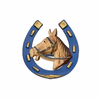 Vintage brosch - Hästhuvud i hästsko, handmålad plast