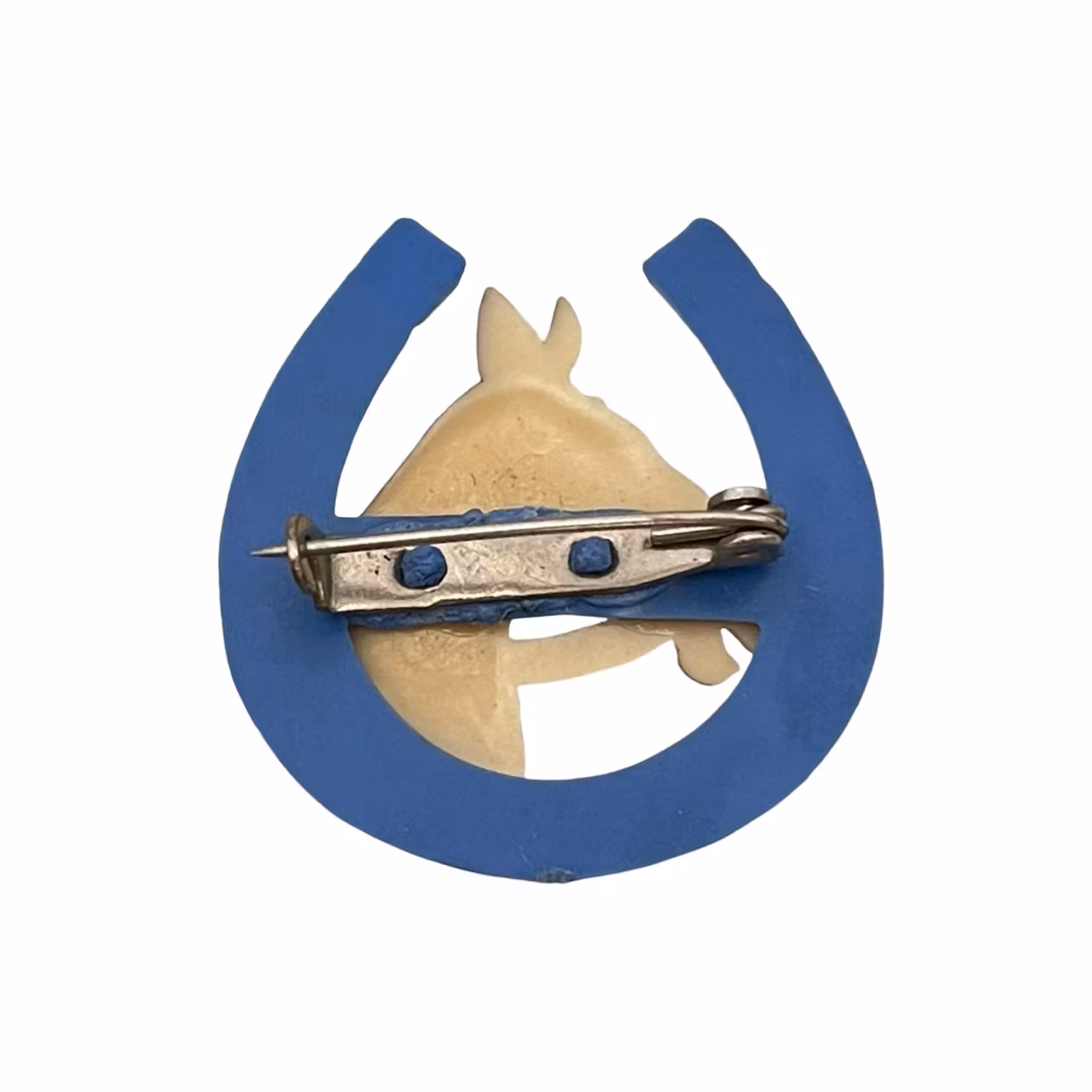 Vintage brosch - Hästhuvud i hästsko, handmålad plast