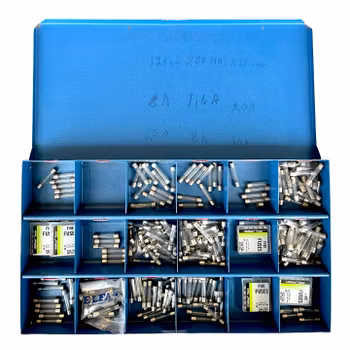 Plåt sortimentslåda med säkringar - 6,3×32 mm tröga (slow-blow)