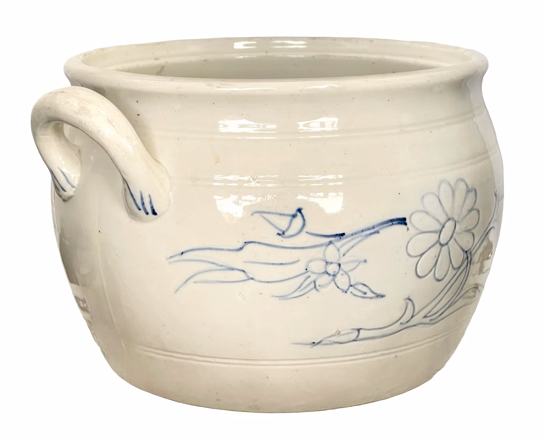 Stor antik Göteborg kruka - Blå blomdekor och handtag