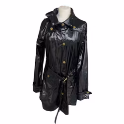 By Ellos - Zwarte glanzende regenjas / trenchcoat met capuchon (maat 38/40)