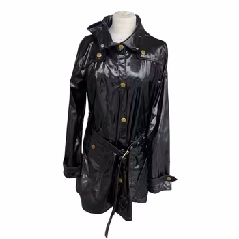 By Ellos - Svart glansig regnjacka / Trenchcoat med huva (strl 38/40)