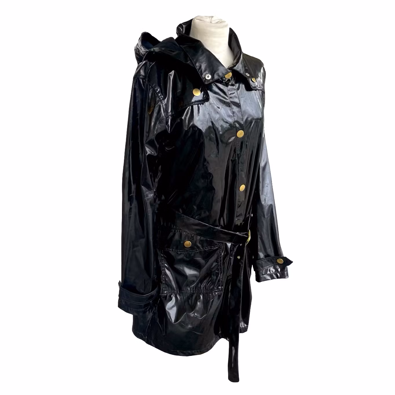 By Ellos - Svart glansig regnjacka / Trenchcoat med huva (strl 38/40)