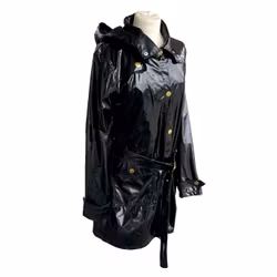 By Ellos - Zwarte glanzende regenjas / trenchcoat met capuchon (maat 38/40)