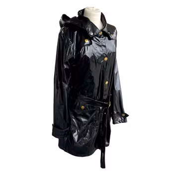 By Ellos - Svart glansig regnjacka / Trenchcoat med huva (strl 38/40)