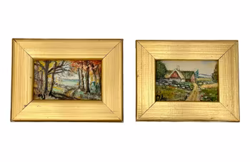 Två små oljemålningar på pannå - Landskapsmotiv, signerade