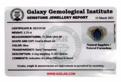 3,70 karat, naturlig blå safir, sterlingsølvring med sertifikat