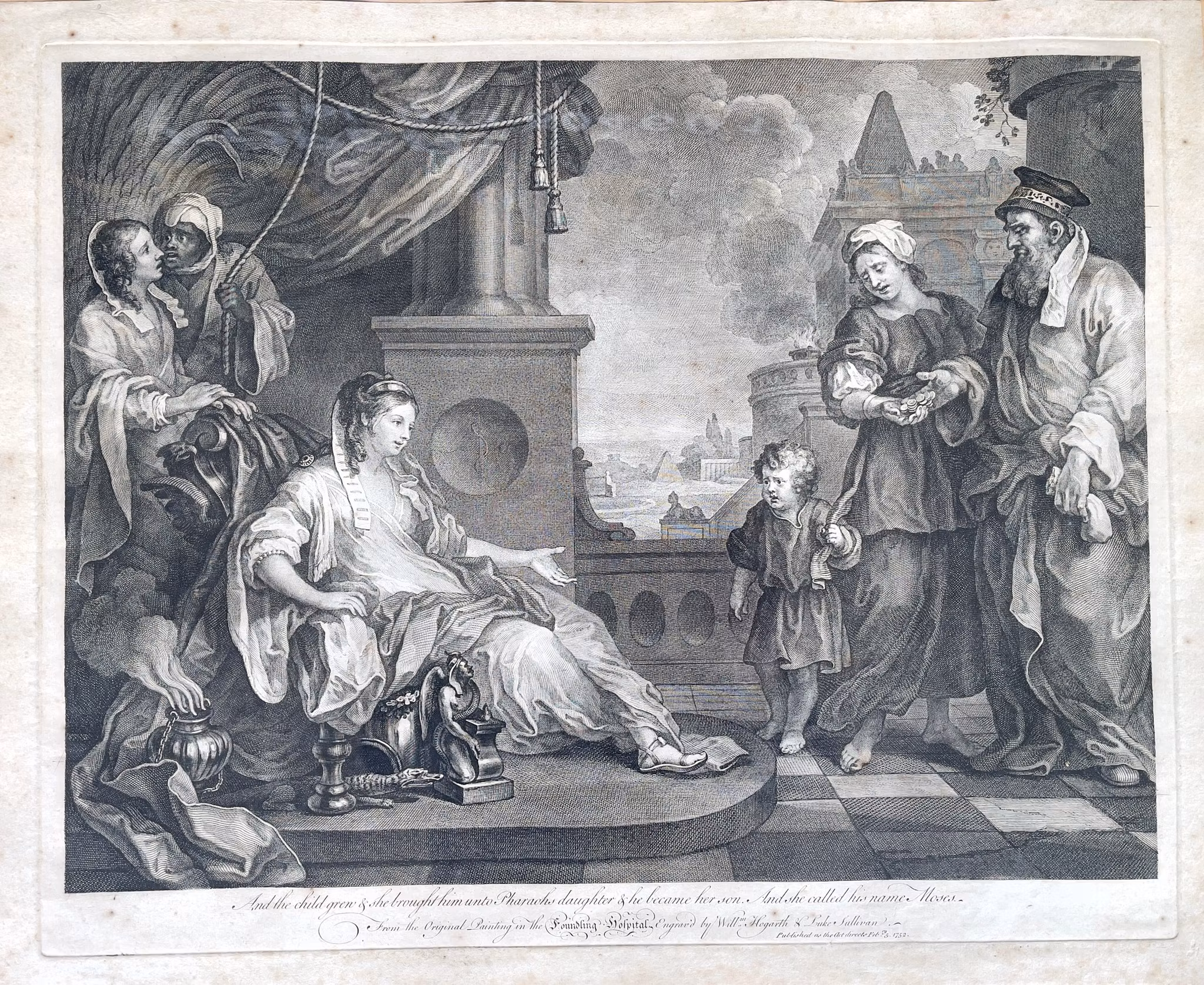 William Hogarth & Luke Sullivan - Pharaoh’s Daughter Finding Moses, kopparstick 1752