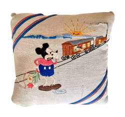 Vintage hand-embroidered pillow with Mickey Mouse motif and train scene