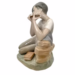 Nao by Lladro figur - Pojke som spelar flöjt och fågel, Spanien