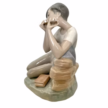 Nao by Lladro figur - Pojke som spelar flöjt och fågel, Spanien