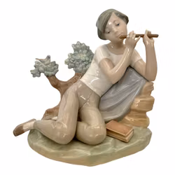 Nao by Lladro figur - Pojke som spelar flöjt och fågel, Spanien