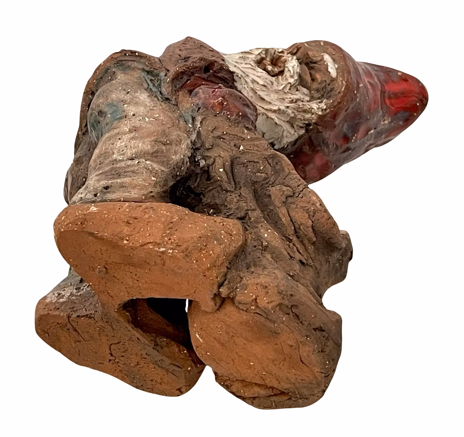 Handgjord tomte i lergods - Rustik konstnärlig skulptur med röd glaserad luva, Signerad