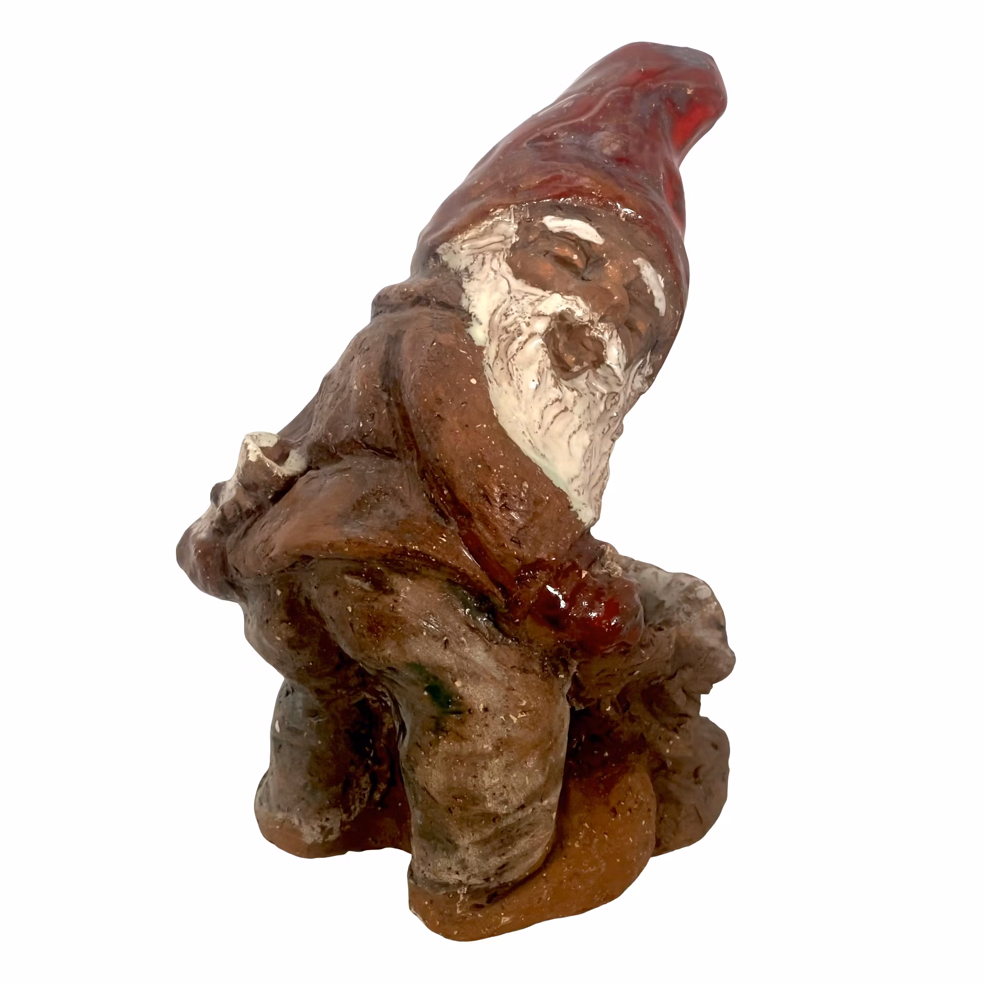 Handgjord tomte i lergods - Rustik konstnärlig skulptur med röd glaserad luva, Signerad