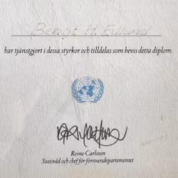 Diploma - VN-vredesmacht - Alfred Nobelprijs voor de Vrede 1988 - Bengt H. Edlund - ondertekend door Roine Carlsson