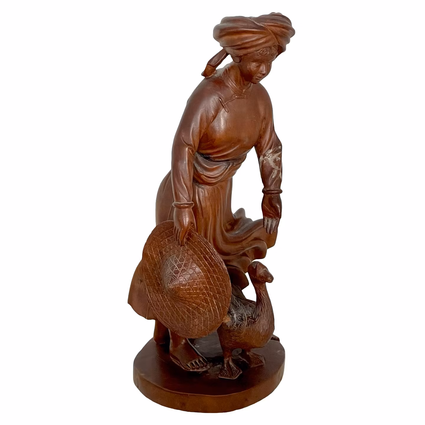 Håndskåret trefigur - Gutt med gås og hatt, vintage treskulptur (asiatisk stil)