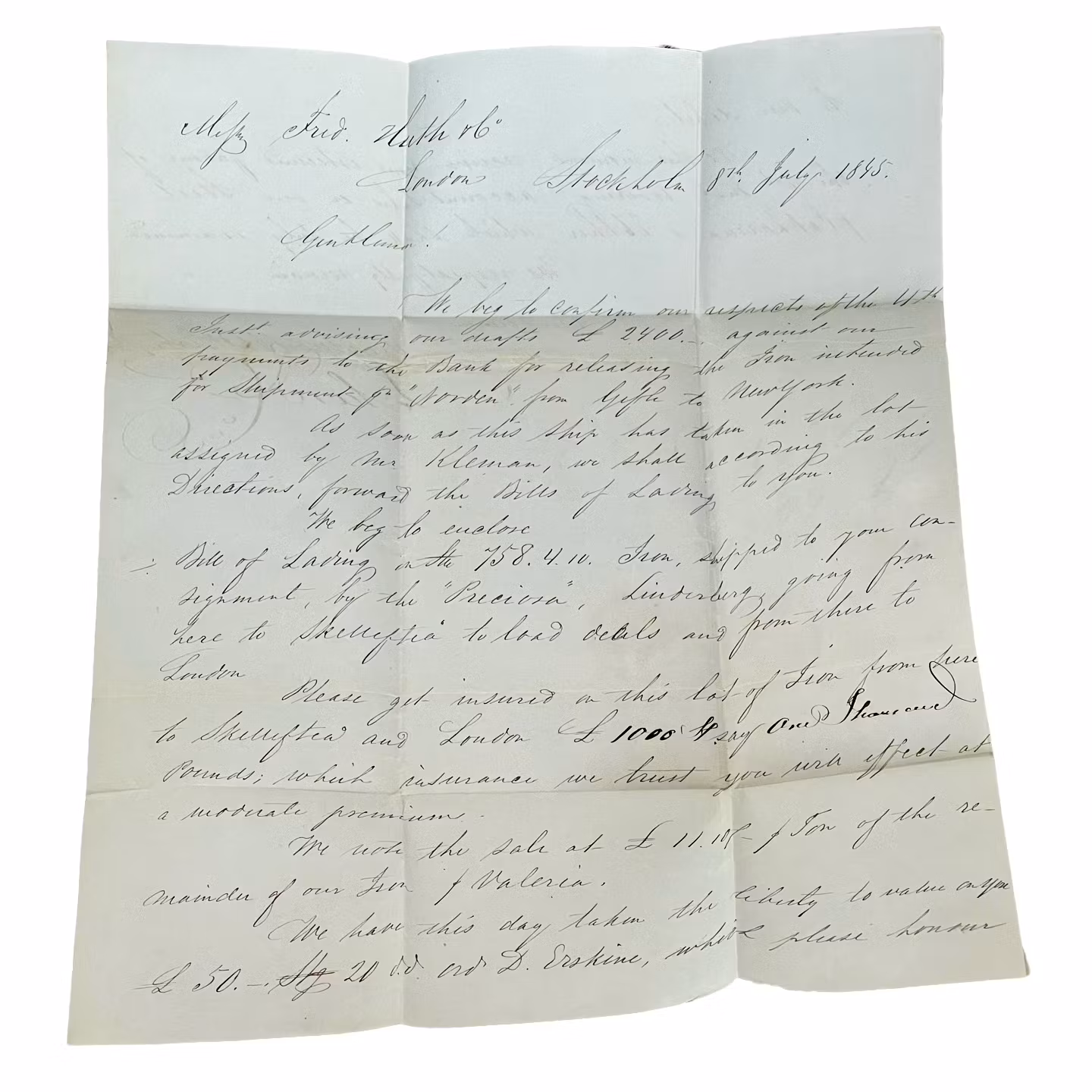 Antikt brev Stockholm-London, 1845