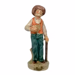 Handmålad portugisisk porslinsfigur - Äldre man med käpp och fruktkorg