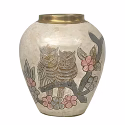 Vintage dekorativ vas - Ugglor och blommor i relief - Handarbetad med mässingsdetaljer