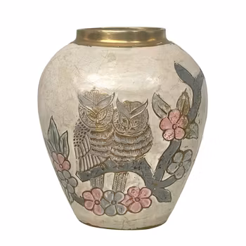 Vintage dekorativ vas - Ugglor och blommor i relief - Handarbetad med mässingsdetaljer