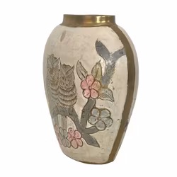 Vintage dekorativ vas - Ugglor och blommor i relief - Handarbetad med mässingsdetaljer