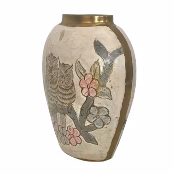 Vintage dekorativ vas - Ugglor och blommor i relief - Handarbetad med mässingsdetaljer