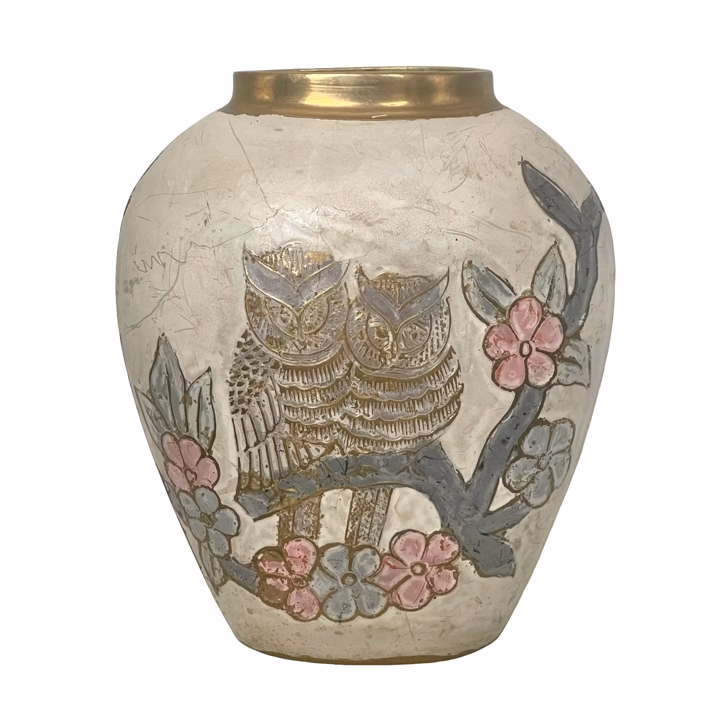 Vintage dekorativ vas - Ugglor och blommor i relief - Handarbetad med mässingsdetaljer